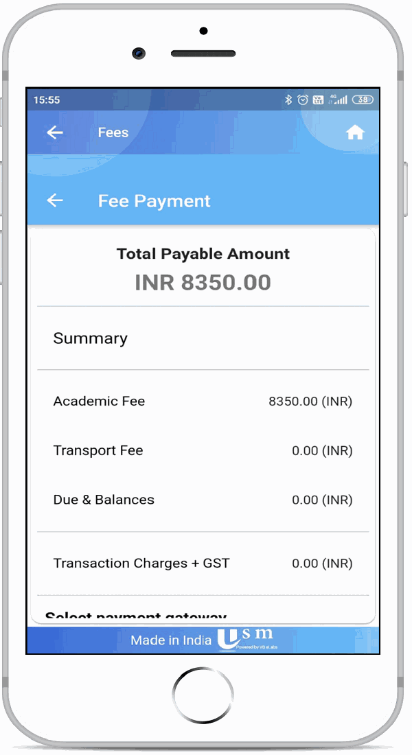 Online fee payment screen in the USMConnect app